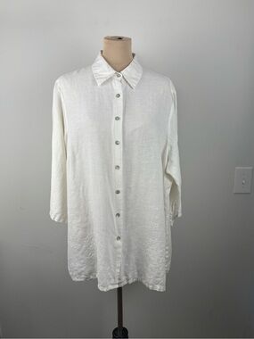 Ecologie Womens 2X White 100% Linen Embroidered Blouse Beachy Coastal Old Money